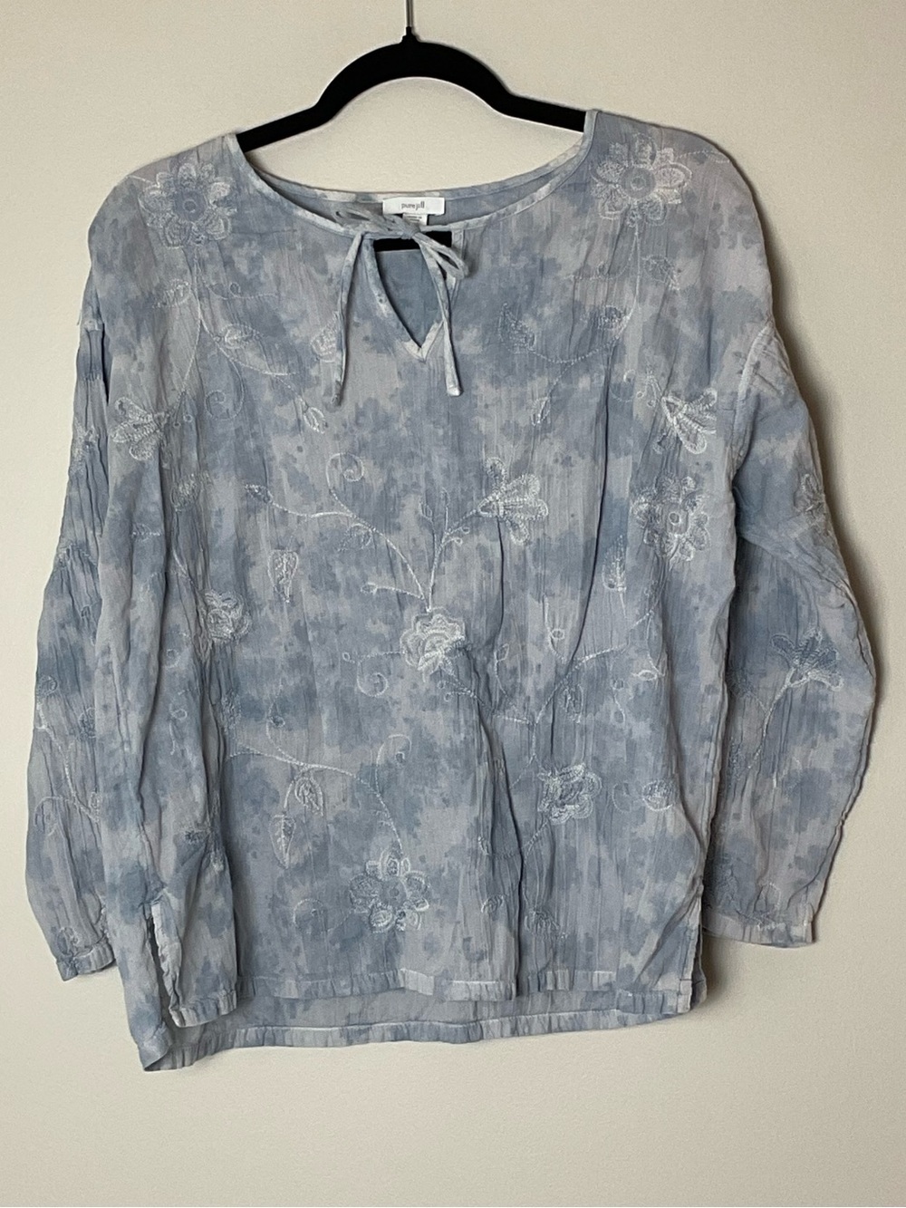 Pure Jill Tie-Neck Tie-Dye Blue Embroidered Top Boho Coastal European Summer S P